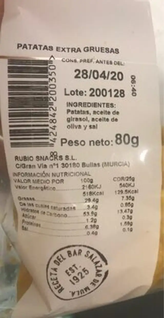 Patatas fritas nutrition facts table
