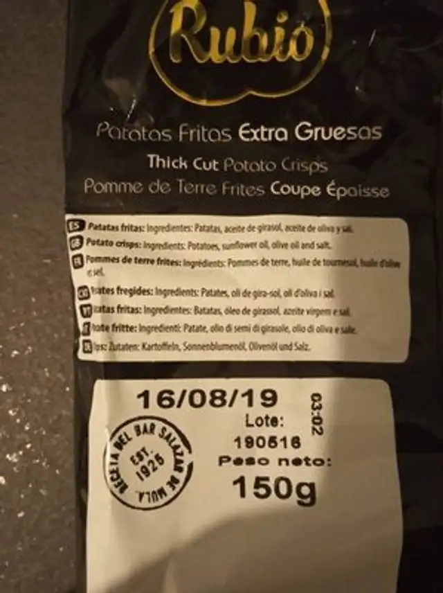 Patatas fritas extra gruesas ingredients label