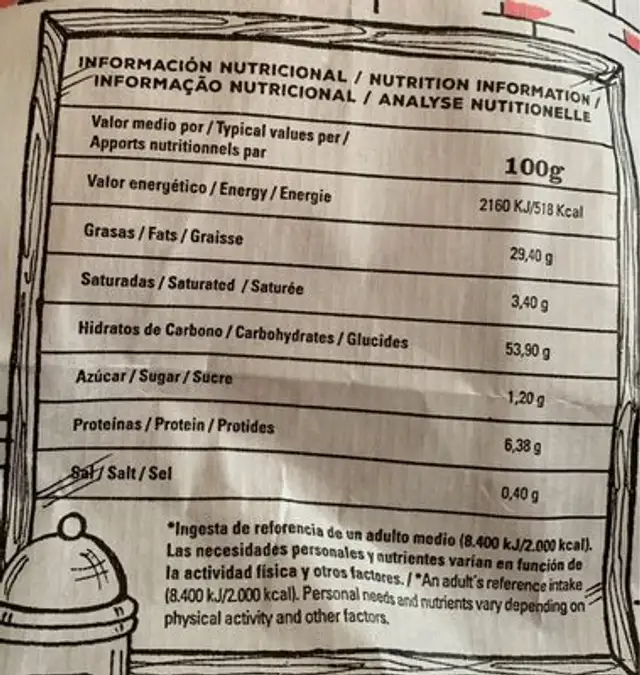 Patatas fritas artesanas a la sartén especial churrería Sin Gluten 2 bolsas x 125 g envase 250 g nutrition facts table
