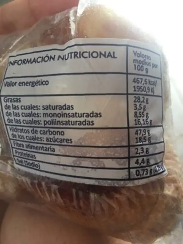 Magdalena con leche nutrition facts table