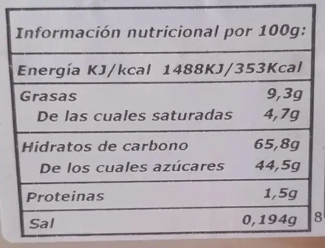 Bayonesa nutrition facts table