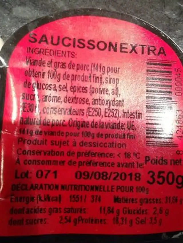 Saucisson Extra ingredients label