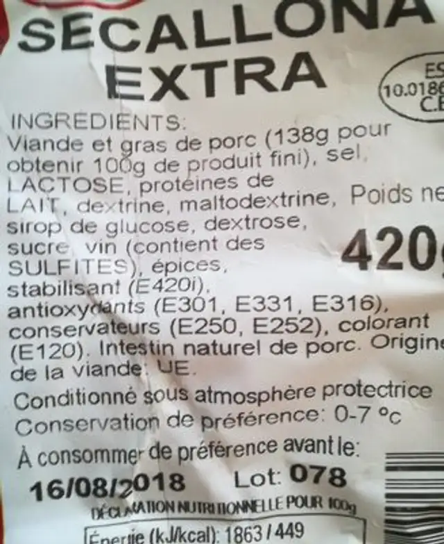 Secallona Extra ingredients label