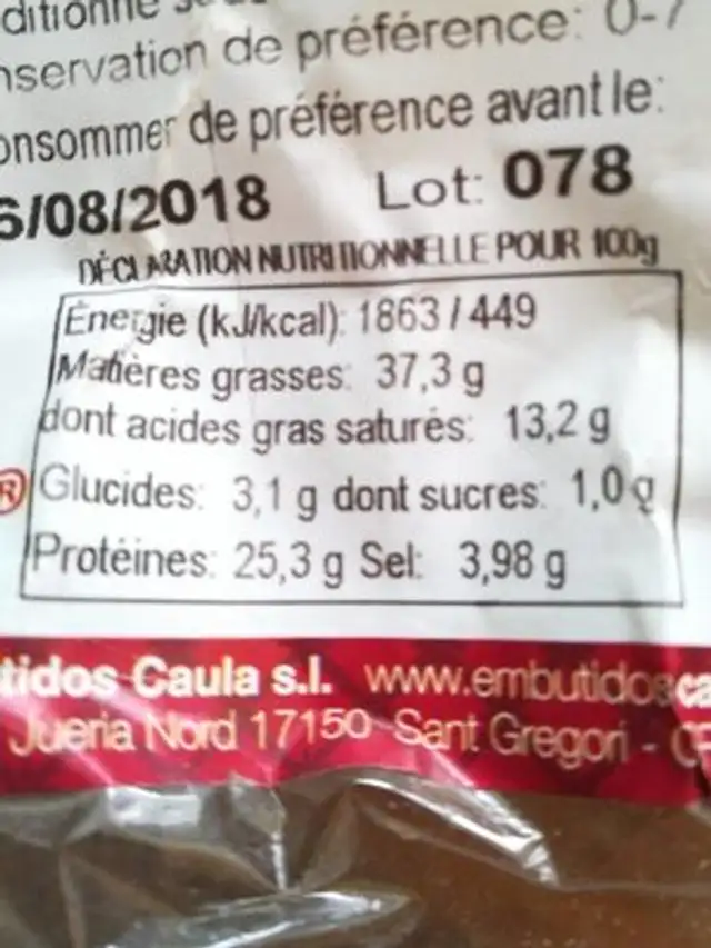 Secallona Extra nutrition facts table