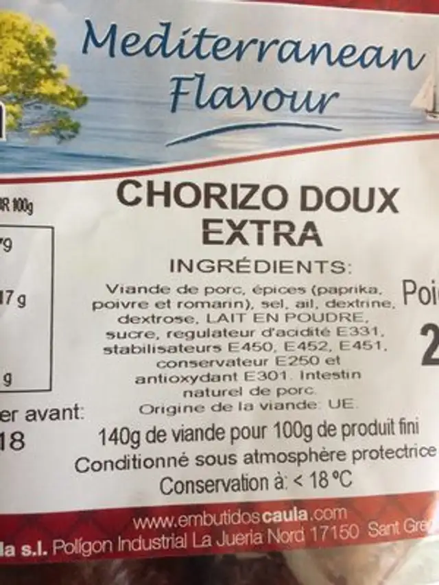 Caula Chorizo doux extra ingredients label