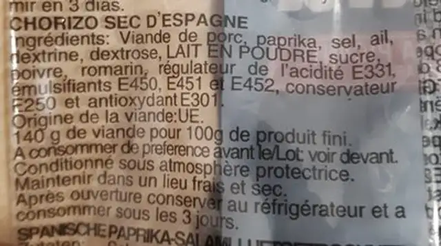 Caula Chorizo Fort ingredients label