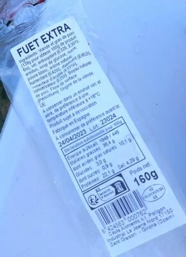 Fuet Sélection Extra ingredients label
