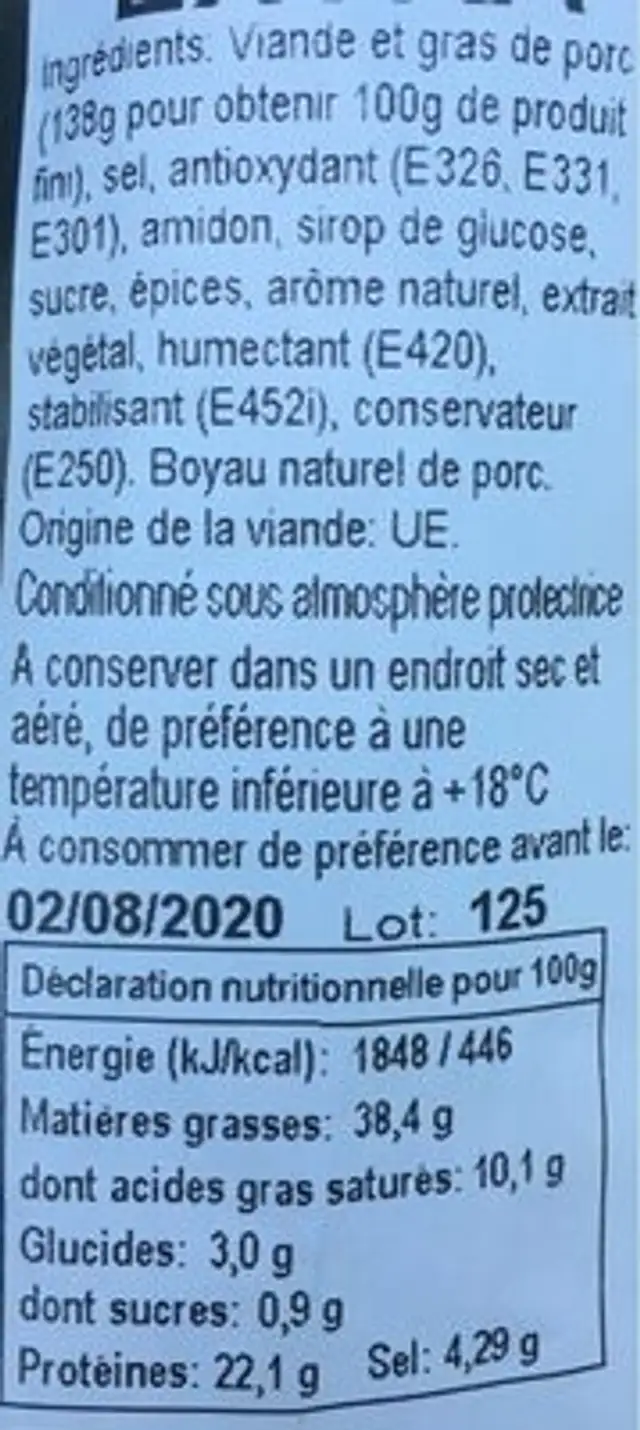 Fuet Sélection Extra nutrition facts table