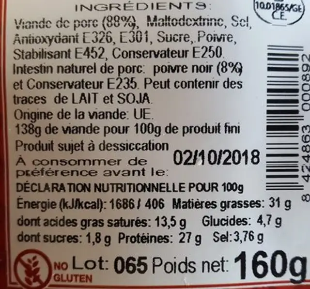 Saucisse sèche Extra Poivre Noir ingredients label