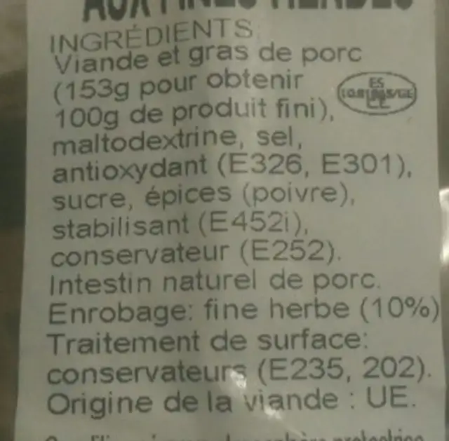 Fuet extra fines herbes ingredients label