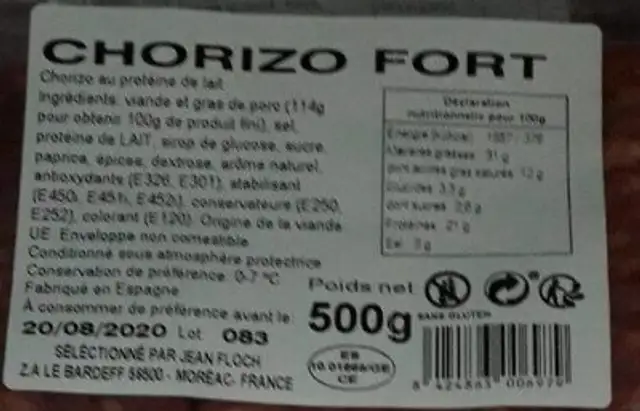 Chorizo ingredients label