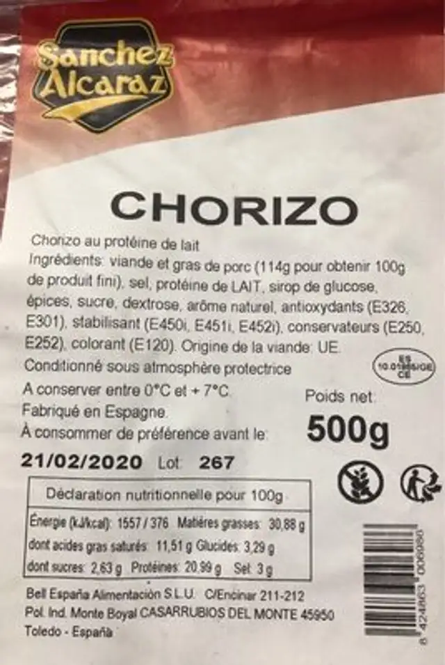 Chorizo nutrition facts table
