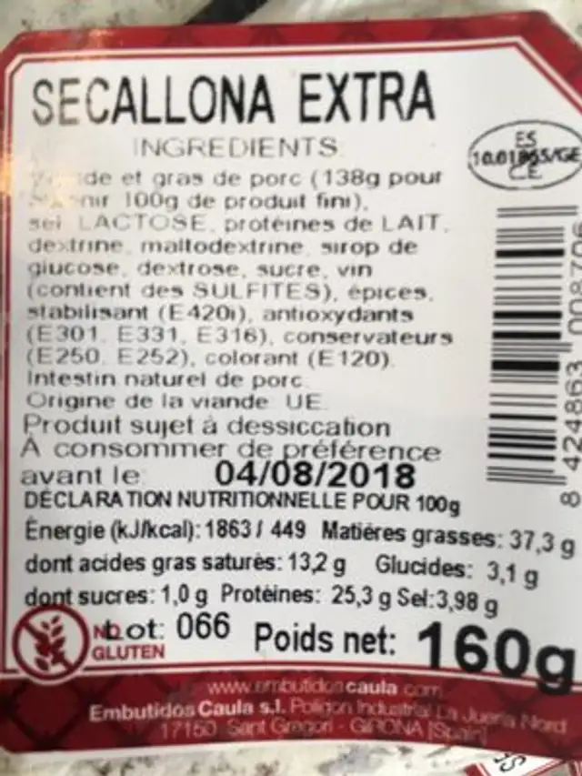 Fuet Catalan ingredients label