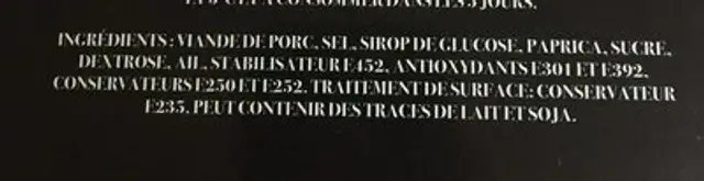 Chorizo extra ingredients label