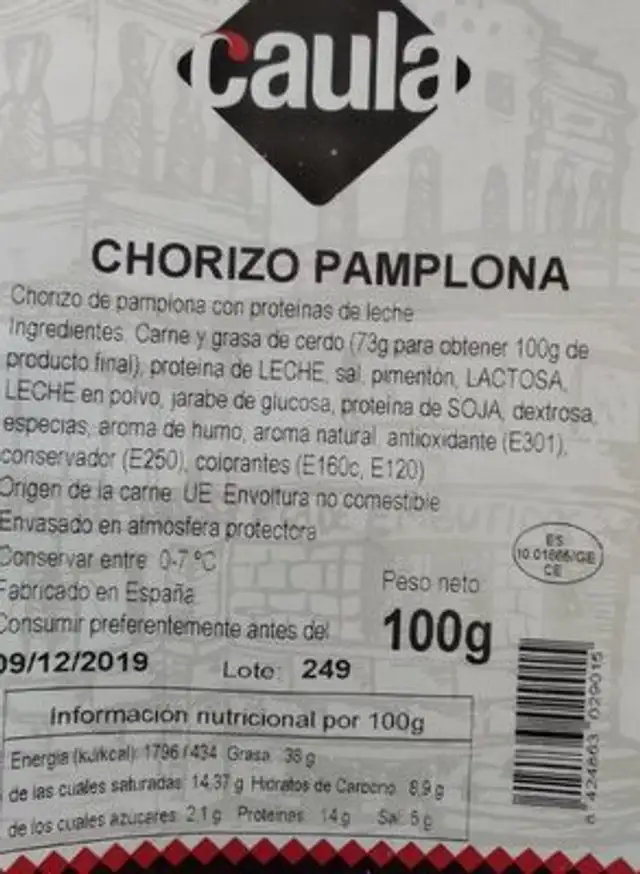 Chorizo Pamplona nutrition facts table