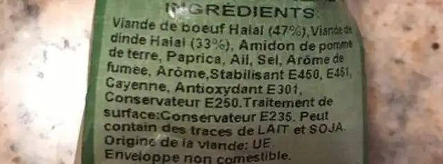 Mosaic Spicy Beef Chorizo Halal 200GR ingredients label