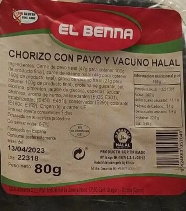 Chorizo con pavo y vacuno halal