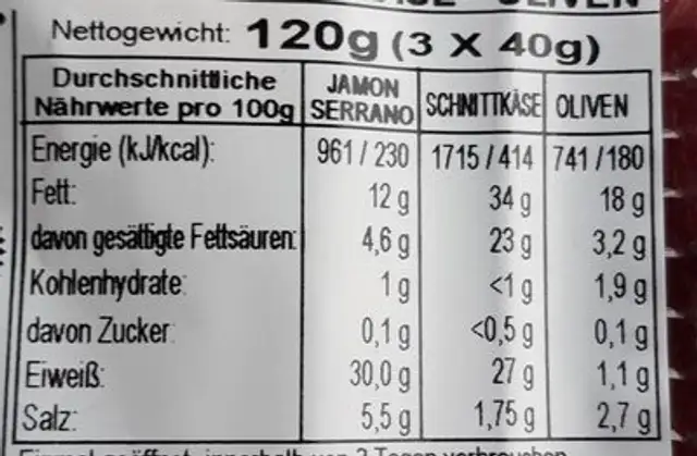 Tapas Snack Jamon Serrano Cheese Olives nutrition facts table