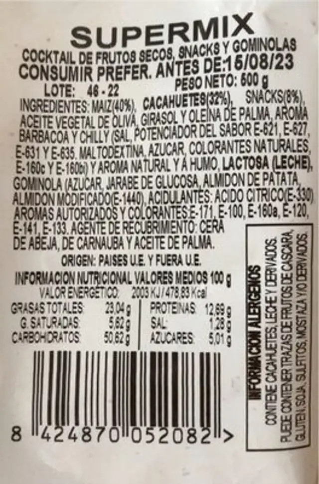 SUPERMIX Frutos secos, snaks y gominolas nutrition facts table