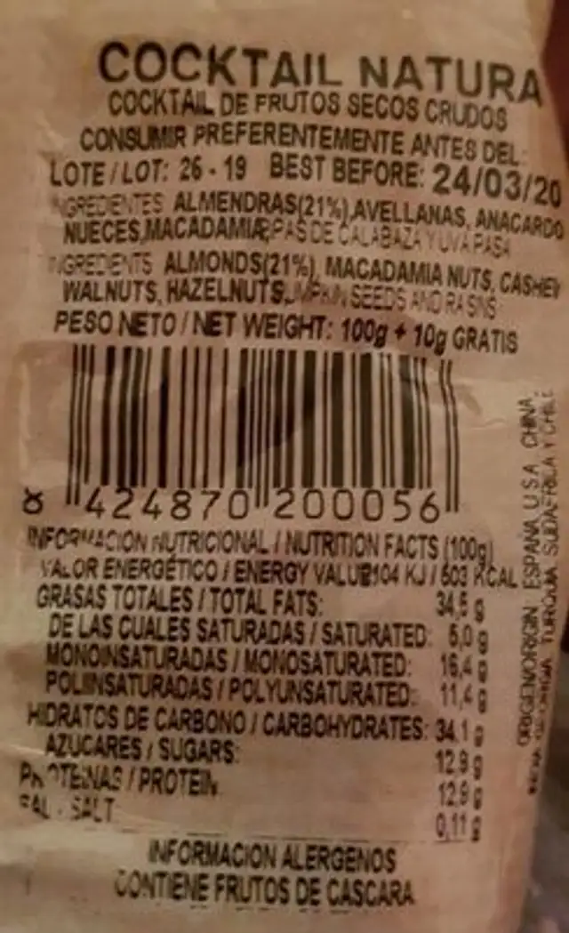 Frutos secos naturales nutrition facts table