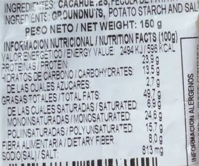 Mani Tostado y Salado nutrition facts table