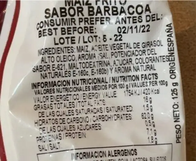 Maiz Frito Sabor Barbacoa nutrition facts table