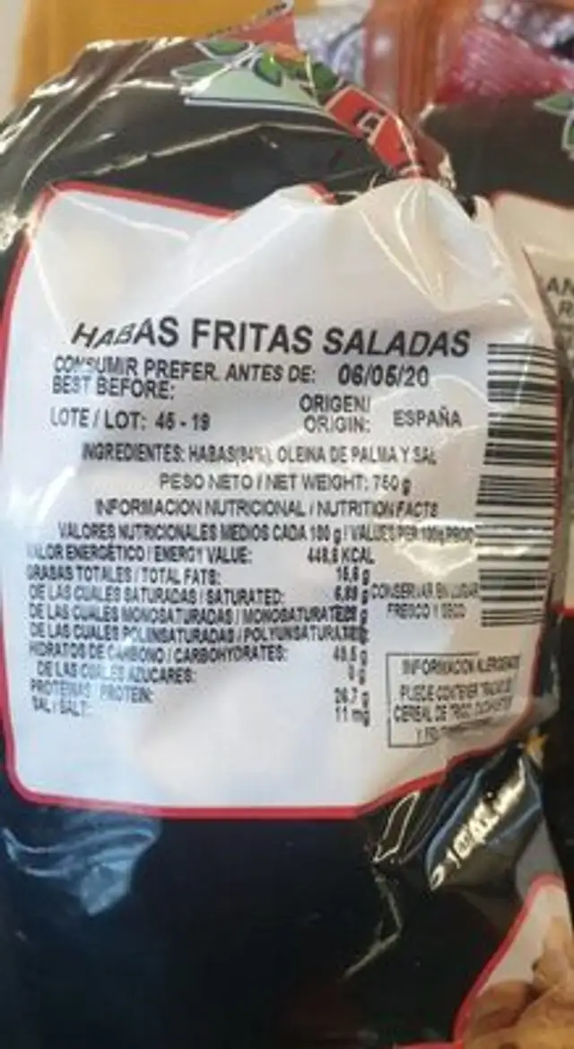 Habas fritas saladas nutrition facts table