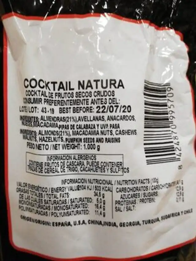 Frutos secos nutrition facts table