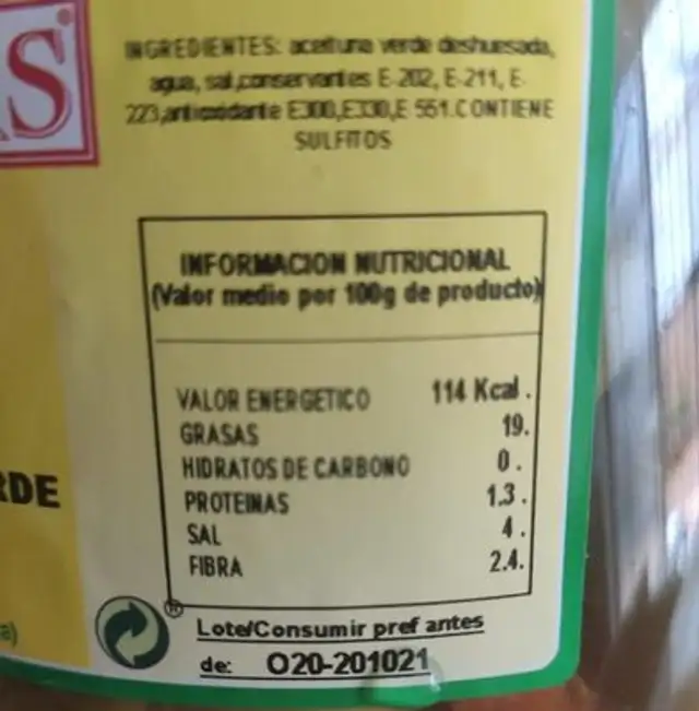 Aceituna Gordal Verde Rota Aliñada nutrition facts table