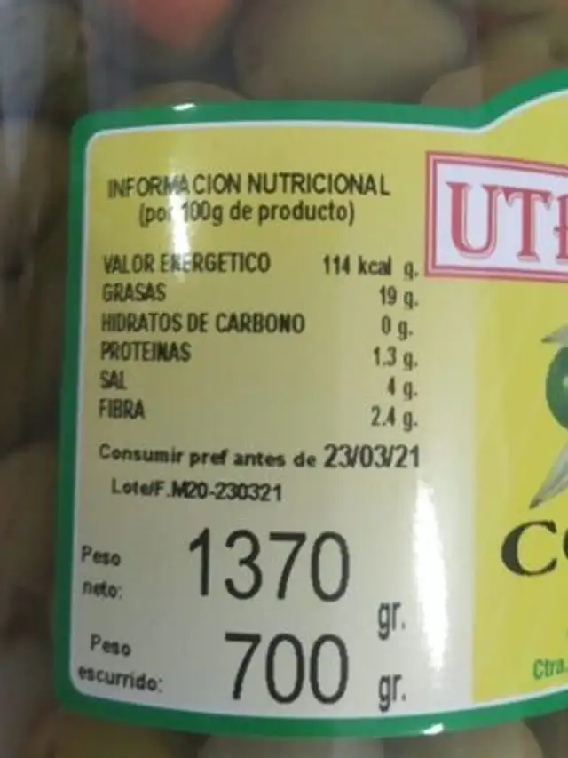 Utreolivas nutrition facts table