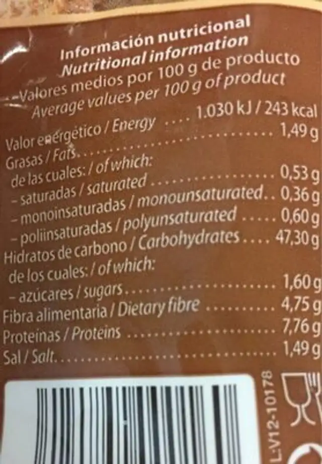 Molletes con Salvado nutrition facts table