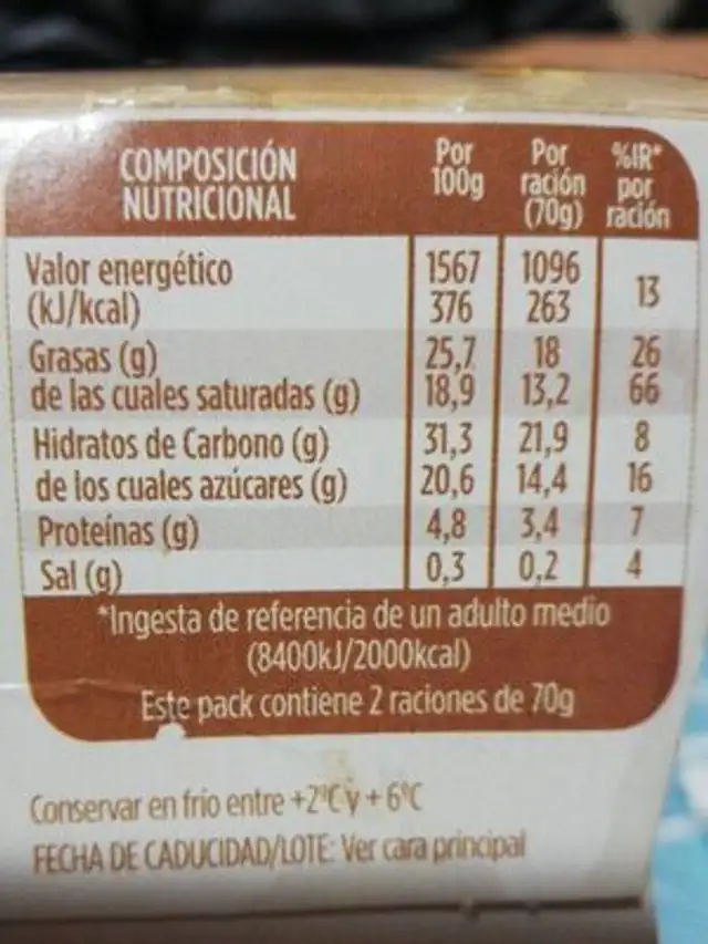 Tarta de avellana y chocolate nutrition facts table
