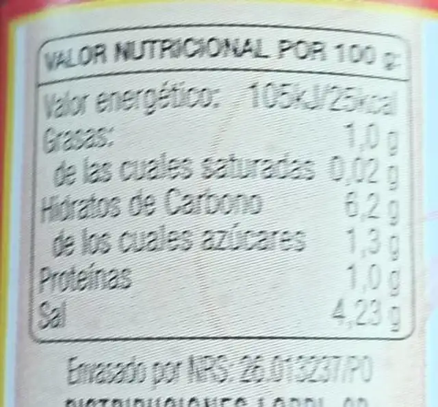 Salsa picante Lorri nutrition facts table