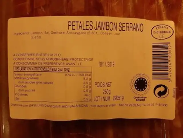 Pétales jambon serrano nutrition facts table