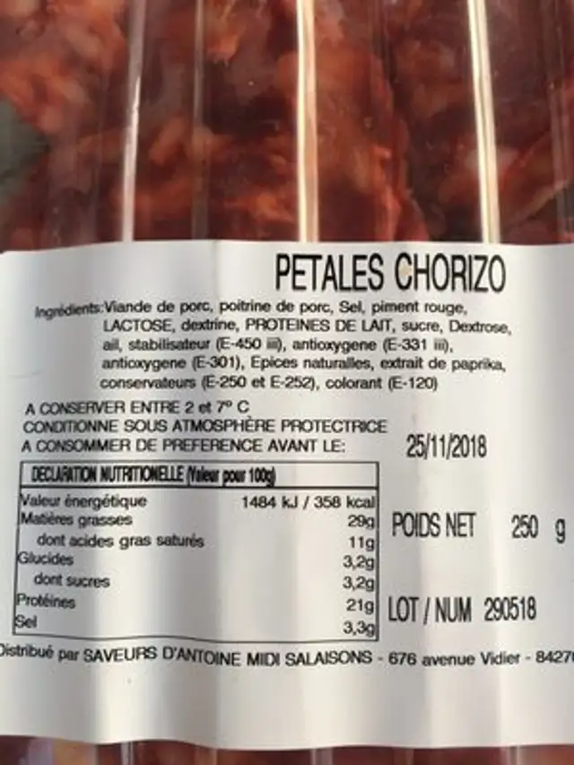 Petales chorizo ingredients label
