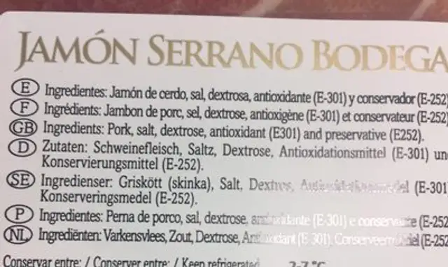 Jambon Serano Bodega ingredients label