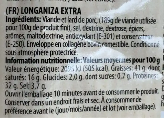 Longaniza nutrition facts table