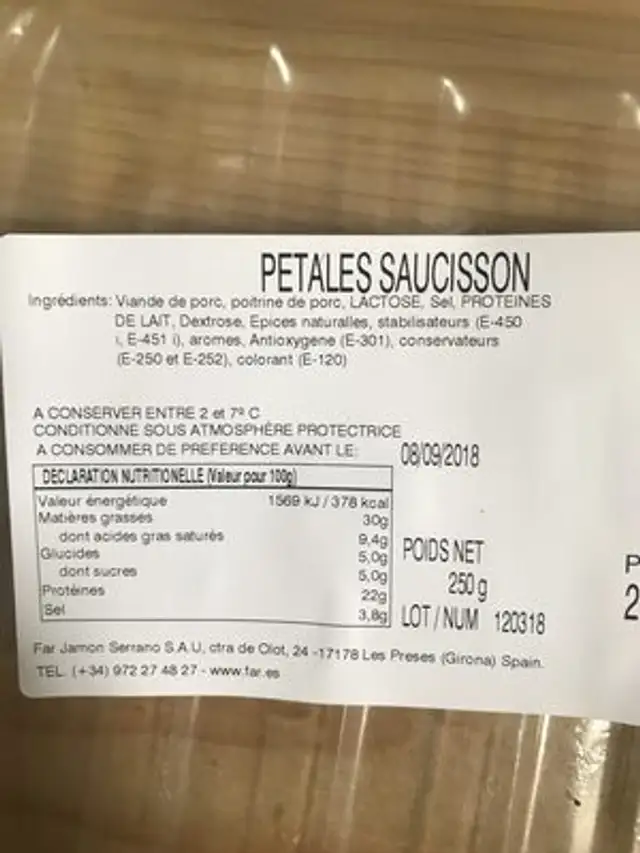 Petales saucisson ingredients label