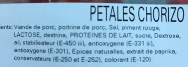 Pétales chorizo ingredients label