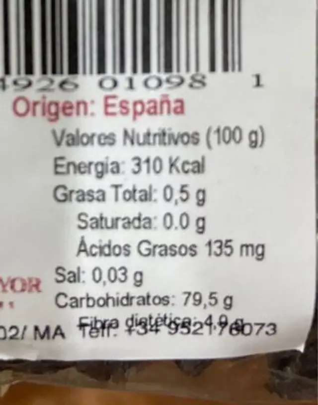 Pasas moscatel de Málaga nutrition facts table