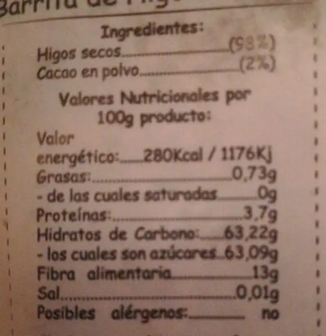 Barrita de higo con cacao nutrition facts table