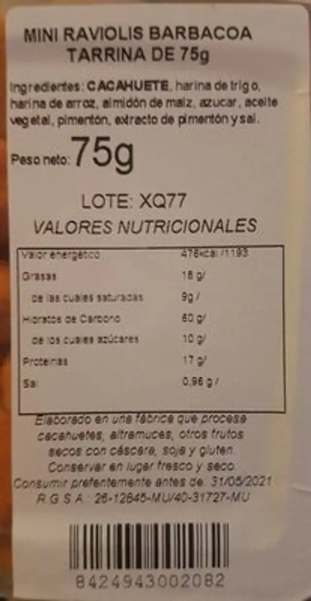 Mini raviolis barbacoa nutrition facts table
