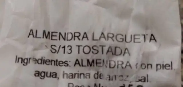 Almendras ingredients label