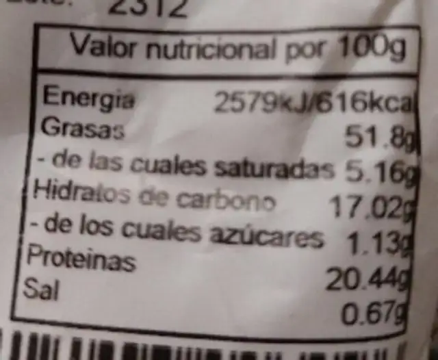 Almendras nutrition facts table