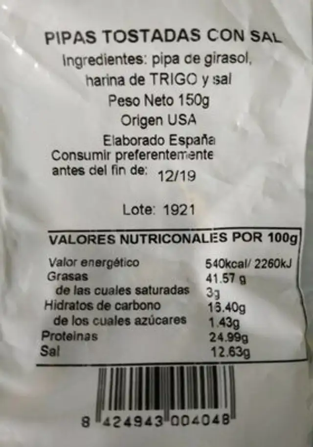 Pipas tostadas con sal nutrition facts table