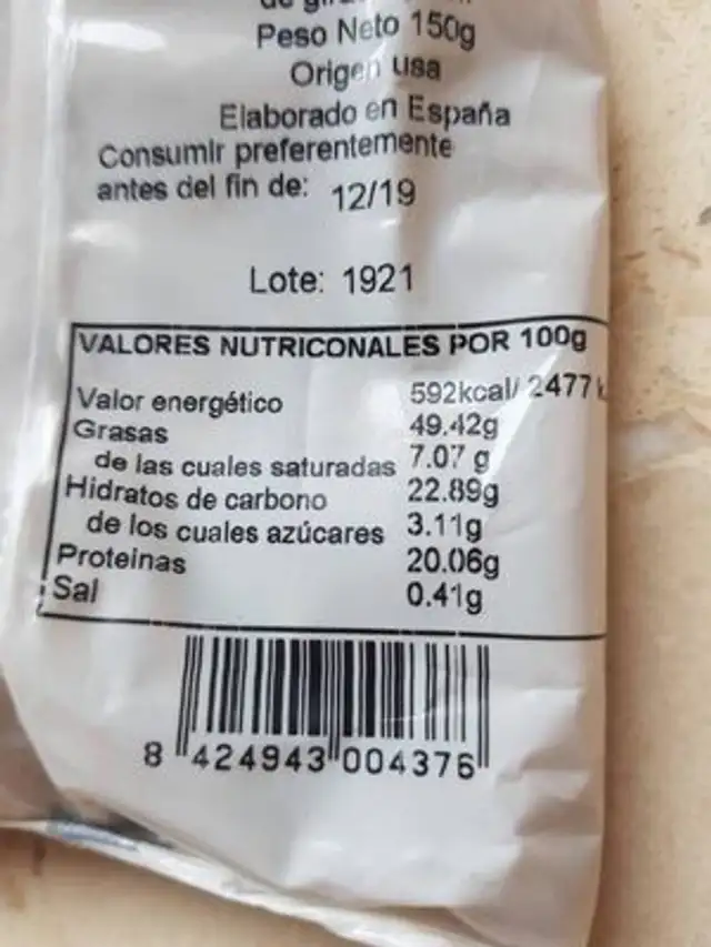 Pipas peladas nutrition facts table