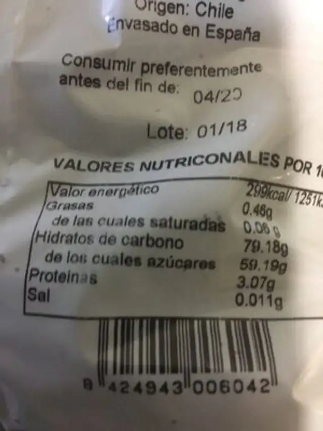 Pasas sin hueso nutrition facts table