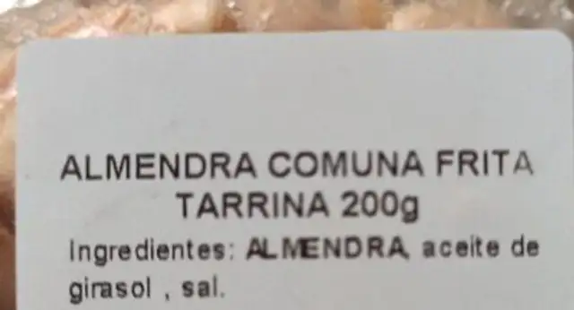 Almendra comuna frita ingredients label