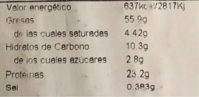 Almendra comuna frita nutrition facts table