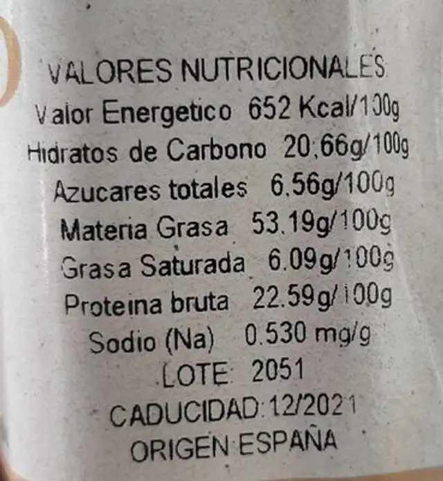 Pistacho Extra Tostado nutrition facts table